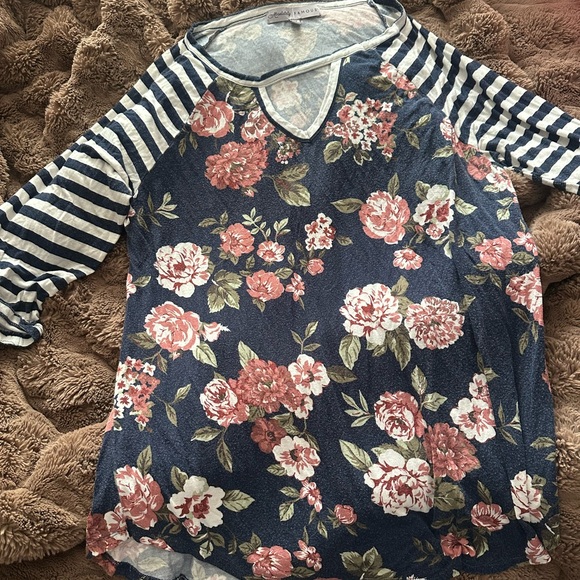 Absolutely Famous Tops - Absolutely Famous Navy Floral and Striped Long Sleeve Tee